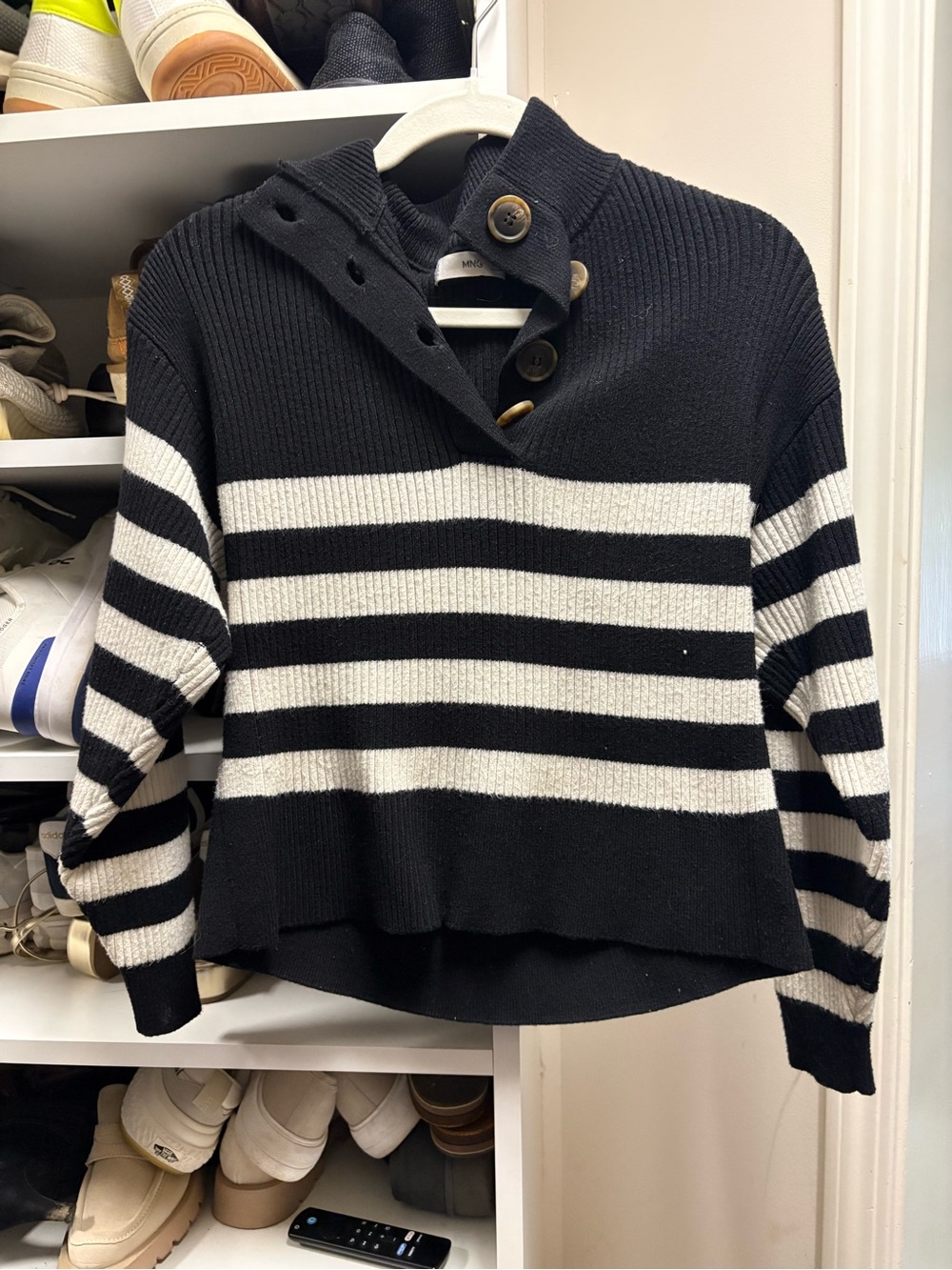 Mango Black & White Striped Button-Front Turtleneck Sweater